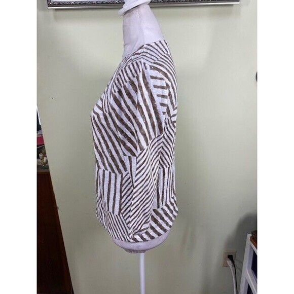 Weekends By Chico's Sz 0 Small Brown White Stripe 3/4 Sleeve Cotton Blouse Beach - Picture 3 of 7